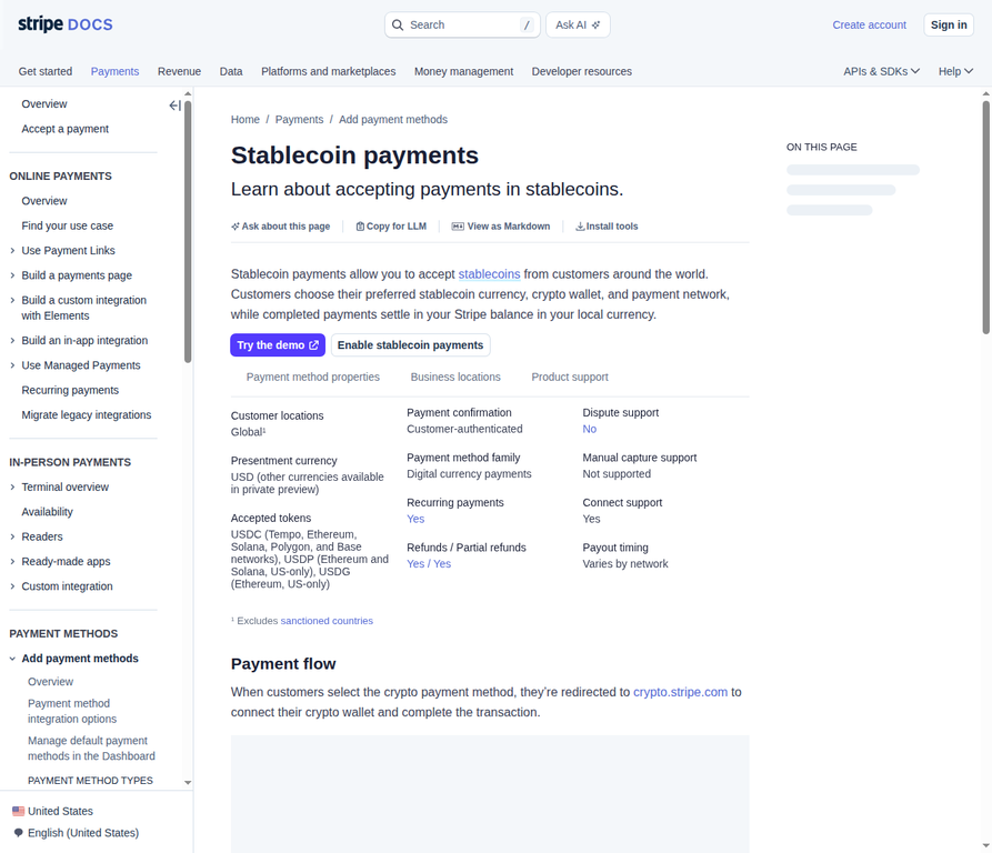 Screenshot of Stripe’s official stablecoin payment documentation, showing fiat settlement and payment-method details